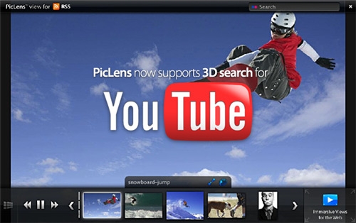 Support Youtube - The new release brings some other great improvements along for the ride. You can now see metadata – image title labels of Flickr photo captions, for instance – while flying through images and videos in PicLens. We know context is important, and we want to provide you with as much as we can without cluttering your interface.