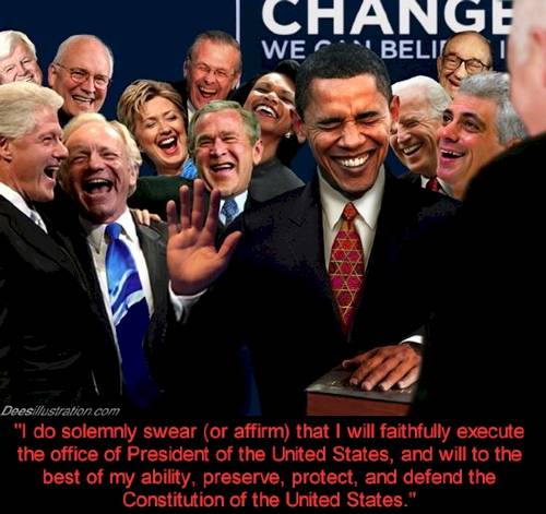 another swearing in - Obama takes the oath of office. Somehow, they always manage to do it with a straight face. THIS is what they are really thinking as they do it I'm sure.