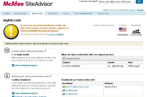 McAfee SiteAdvisor Report - Here is the screenshot of what the report looks like.