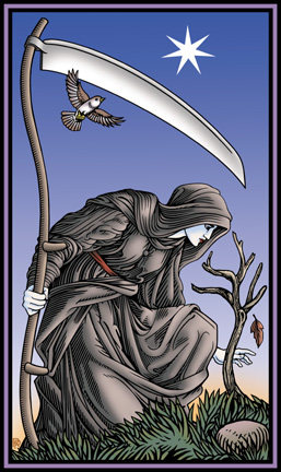 tarot card - Some frequent keywords used by tarot readers for the interpretation of Death are:   * Ending of a cycle ----- Loss ----- Conclusion ----- Sadness   * Transition into a new state ----- Psychological transformation   * Finishing up ----- Regeneration ----- Elimination of old patterns   * Being caught in the inescapable ----- Good-byes ----- Deep change