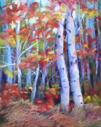 Fall Colors Birch Trees - A panting with fall colors birch trees. Birch trees get bright red, yellow and orange leaves on the fall but its trunk stays white with black spots, birch skin is called - a birch-bark. Fall Colors Birch Trees - A panting with fall colors birch trees. Birch trees get bright red, yellow and orange leaves on the fall but its trunk stays white with black spots, birch skin is called - a birch-bark.