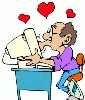 man kissing his computer with hearts sitting at hi - man kissing his computer with heartssitting at his desk
