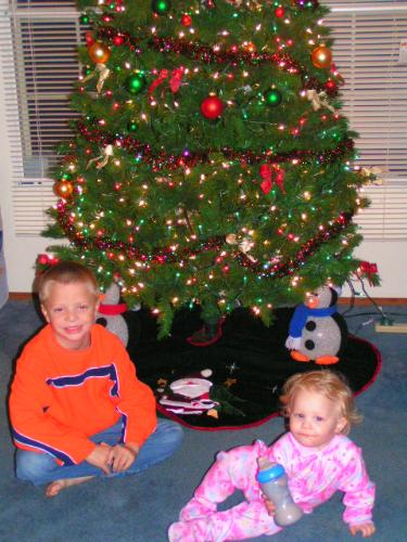 Children - My children in front of the christmas tree December 2008. My son wanted his picture taken alone but as you see his sister did a home plate slide to make it in the picture.