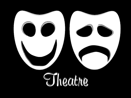 theatre play - black and white image - two theatre masks, one smiling other sad