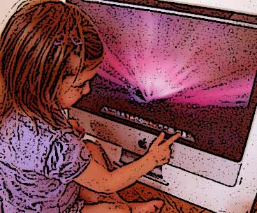 Girl Using A Computer - This young girl is having fun using a computer. It just shows that now anyone at any age can use a computer. Everyone has an email address and almost everyone has a webpage or blog. This little girl is sitting at monitor and keyboard.