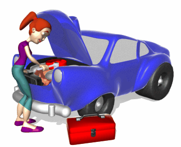 Fixing a car - A girl is fixing a blue car.