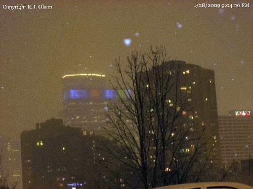 Minneapolis Skyline - A shot of Downtown Minneapolis Minnesota on a Januray night snowstorm.