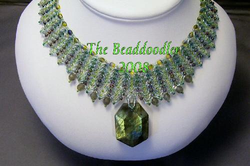 Labrodorite Ripple Necklace - Hand beaded necklace made with double St. Petersburg chain stitch and featuring a large labrodorite pendant and small labrodorite beads in the front.