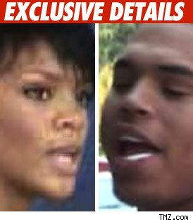 Rihanna and Chris Brown - Rihanna on the left after the alleged assault from Chris Brown on the right. She is obviously bruised and clearly very upset. Chris Brown chewing on a toothpick looking very chill and calm.