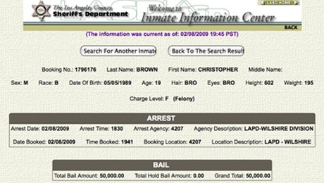 Chris Brown's booking sheet - Chris Brown's booking sheet from the night of the assault on Rihanna.