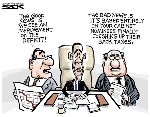Obama improving the ecomony....one appointment at  - Obama is finding washington insiders that have not paid their taxes and appointing them to positions so he can get their tax bills paid. Which puts more revenue into the federal gov. He is fixing our ecomony...one political appointment at a time.