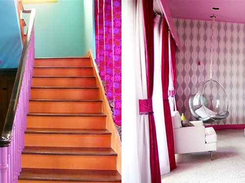 The interior design - The colorful interior design, colored stairs and pink walls. The interior design - The colorful interior design, colored stairs and pink walls.