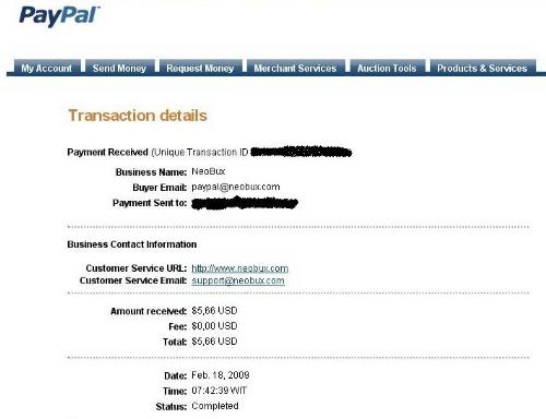 1st payment from Neobux ! - I've got back my $ 5 investment at Neobux in 2 second payment process.