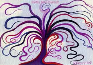 'Reaching Out' ©2009 Nina Kuriloff - This is a small painting of an imaginary tree, that I created in gouache on paper.  It measures approximately 3.5 x 5 inches.
