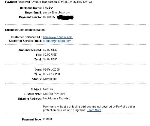 My first payment from Neobux - This is my first payment from a PTC site