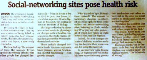 Social networking sites pose health risk - A news article on the papers today.