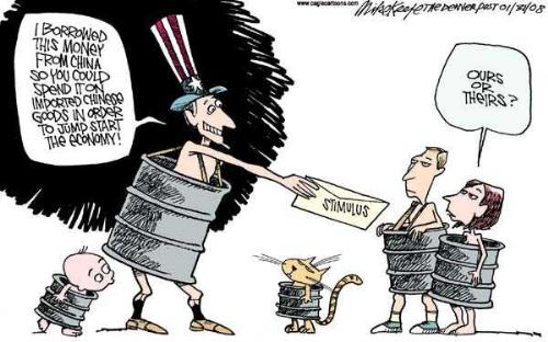 Stimulus Package Satire - Uncle Sam hands money to US citizens who ask an embarassing question.