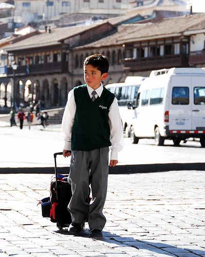 school boy - a boy in his uniform with his rolling bag