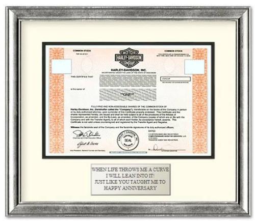 Framed Harley Davison Stock - This is the anniversary present I am getting for my husband on our first wedding anniversary.