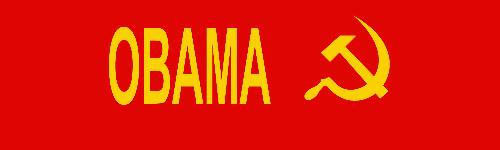 Obama Socialism - Displays Obama in yellow with a red background next to the hammer and sickle. Reminder of the Soviet flag of old.