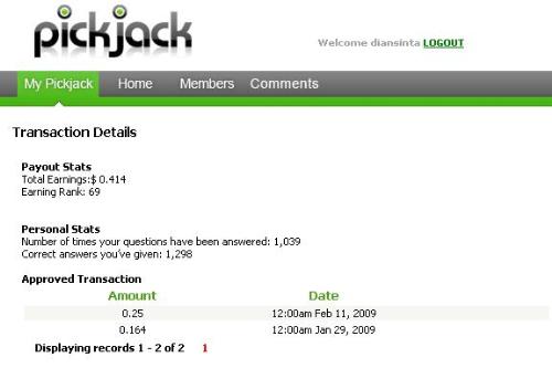 my earning at pickjack - my earning at pickjack- today 2/3/2009