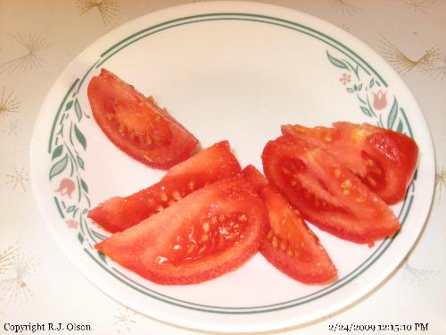 Tomato Wedges - A beefsteak tomato bought at the store in Minnesota recently.
So tasty and juicy this one was. Tomato Wedges - A beefsteak tomato bought at the store in Minnesota recently.
So tasty and juicy this one was.
