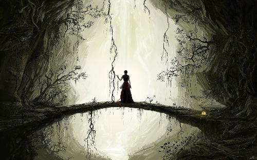 Think about this situation - A girl in the some kind of lagoon. i feel she is waiting for someone. there is a bridge like tree. i have feel more thinks. but i can't explain it. can you?