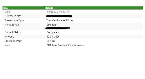 Payment Proof for GPT Bank - This is my first payment from GPT Bank.