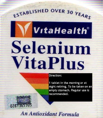 An Antioxidant - [VitaHealth Selenium VitaPlus is a complete antioxidant formula. It contains antioxidants vitamins A, C, E, Selenium and Zinc and other nutrients to enhance the activity of powerful antioxidant enzymes glutathione peroxidase and superoxide dismutase, which protect our body from free radical damage.] - [Directions 1 tablet in the morning or at night before retiring. To be taken on an empty stomach. Regular use is recommended.] - [Ingredients Selenium yeast, Vitamin A, Vitamin C, Vitamin E, Vitamin B6, Zinc, Magnesium, Manganese, Molybdenum]