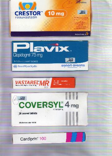 drug tablets - plavic, crestror, vastarel, coversyl, cardiprin