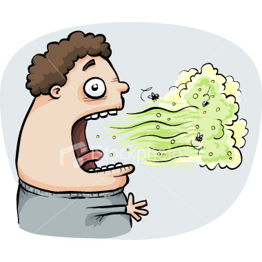 Will you talk before brushing in the morning? - A cartoon picture of a guy having bad breath.
