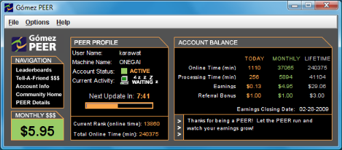 My Gomez Peer Active Account - Running the Gomez Peer in action! Let the PEER run and watch your earnings grow!