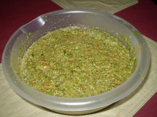 Sofrito - Mixture of green peppers, red pepppers, onions, garlic, recao, ajises, and cilantro.