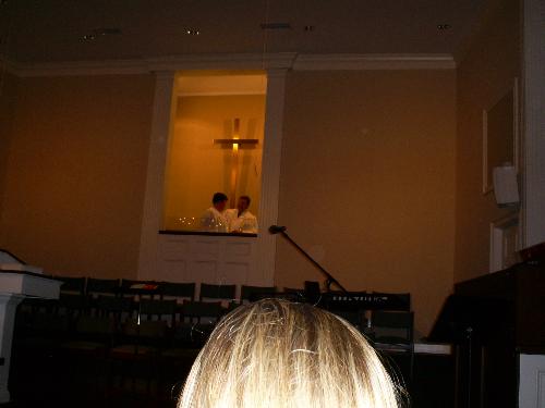 Stuart and Bro. Mark Mayfield our pastor - I took this picture when Stuart was in the baptistry fixing to get baptized. :)