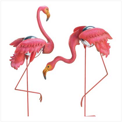 Pink Flamingo Gazing Balls - Pink flamingoes never go out of style! Here is an amazing pair of pink flamingo gazing balls that look great in any yard or garden and especially near a pond.
