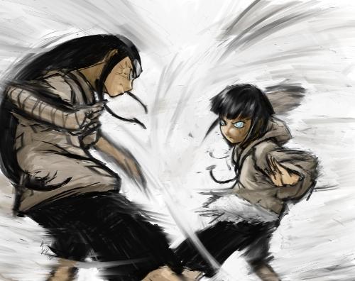 Neji vs Hinata - An artpiece from DeviantArt of Hinata and Neji's fight.