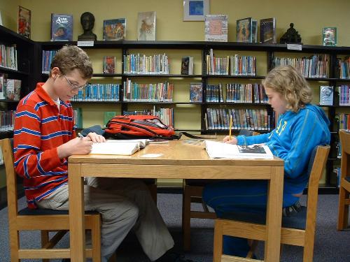 library - two kids reading and studying in the library.