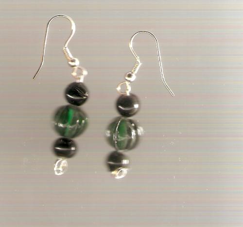 green and black earrings - these earrings are made with large round green glass beads and medium round black glass beads.