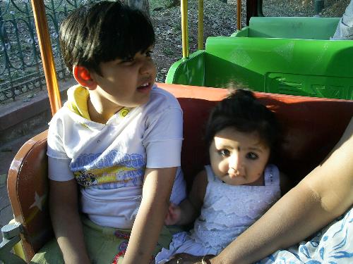 My son & daughter - This photo was taken while on a journey on a toy train in Cubbon park in Bangalore.