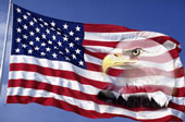 Eagle - This is an American flag waving in the wind against a blue sky