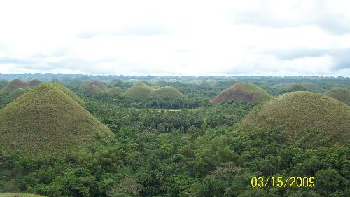 chocolate hills - Chocolate Hills is an unusual geological formation in Bohol, Philippines. It is composed of around 1,268 perfectly cone-shaped hills of about the same size, spread over an area of more than 50 square kilometres (20 sq mi). They are covered in green grass that turns brown during the dry season.