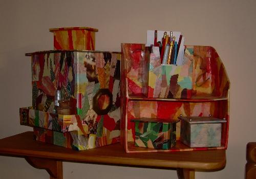 paper mache - Paper mache shelves and boxes that I made from bit cardoard, and covered with magazine collage. I like making useful items out of things that would otherwise be thrown away.