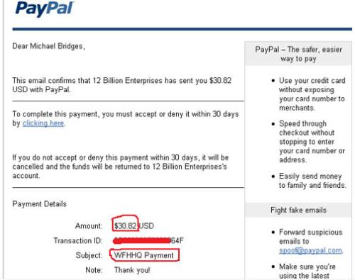 Proof of WFHHQ Payment - This is my payment from WFHHQ.