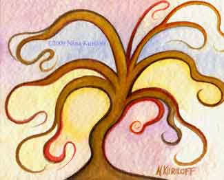 small painting of Bare Brown Tree ©2009 by Nina Ku - This painting, that I created in gouache on paper, measures approximately 4 x 5 inches.