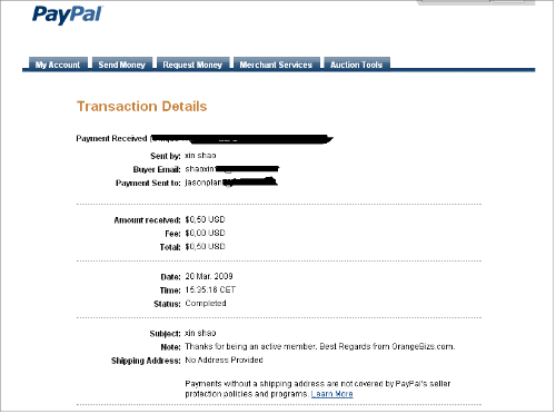 Proof of payment with Orangebizs - Paypal proof of payment for the PTR company Orangebizs