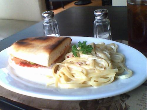 sausage panini and carbonara - this is a picture of what my boyfriend usually order when we eat at joey's peperoni.. the carbonara looks delicious but im not into white sauce..