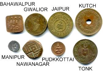 coins of the indian princely states - Though the British controlled most of India prior to its independence in 1947, many of the Indian states retained their right to issue coins. Most coins could only be used within the state they were issued and there was little standardization of the coins or denominations issued from state to state. The result was a bewildering array of coins, many of which have limited mintages. We have assembled a collection of coins from eight different states. These collections have proved very popular. Because of the difficulty in obtining coins of the Indian States, we sometimes have to vary the exact coins included in the set. The latest group of sets we made up included are a square Paisa from Bahawalpur, crude rectangular or irregularly shaped 1/2 Paisa of Bundi, 1/4 Anna of Gwalior that pictures the Maharajah, a World War II era coins from Jaipur, a coin from Kutch that was issued with a center hole, an unusual, undated, uniface1 Sel from Manipur that is made from Bell Metal., a 19th century Dokdo from Nawanagar, an Amman Cash from Pudukkottai showing the Goddess Brihadamba, and a 1 Pice coin from Tonk. It is a fascinating collection from a fascinating and ancient country. The coins generally gradeVery Good to Very Fine. An identification guide is included with each set. The exact coins included in the set may vary, depending upon what we have in stock at the time your order is received.