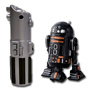 a micro R2D2 toy - an R2D2 toy and a lightsabre hilt