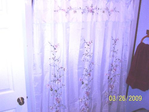 My New Shower Curtain - This picture didn't turn out as I expected it to but you can pretty much tell what it looks like. It's a sheer curtain so I had to get a liner for it. It's a ribbon design and if you turn it over, you'd see the ribbon going in and out making those beautiful flowers....