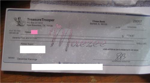 My 1st TT Payment! - This is the first payment (check) I've gotten from Treasure Trooper in Decemebr 2008 (a couple of months ago). I really love this site!  http://www.treasuretrooper.com/beamember